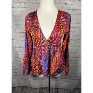 Boston Proper Deep V Leopard Tie Dye Colorful Ruffle Top‎ Small Party Eclectic